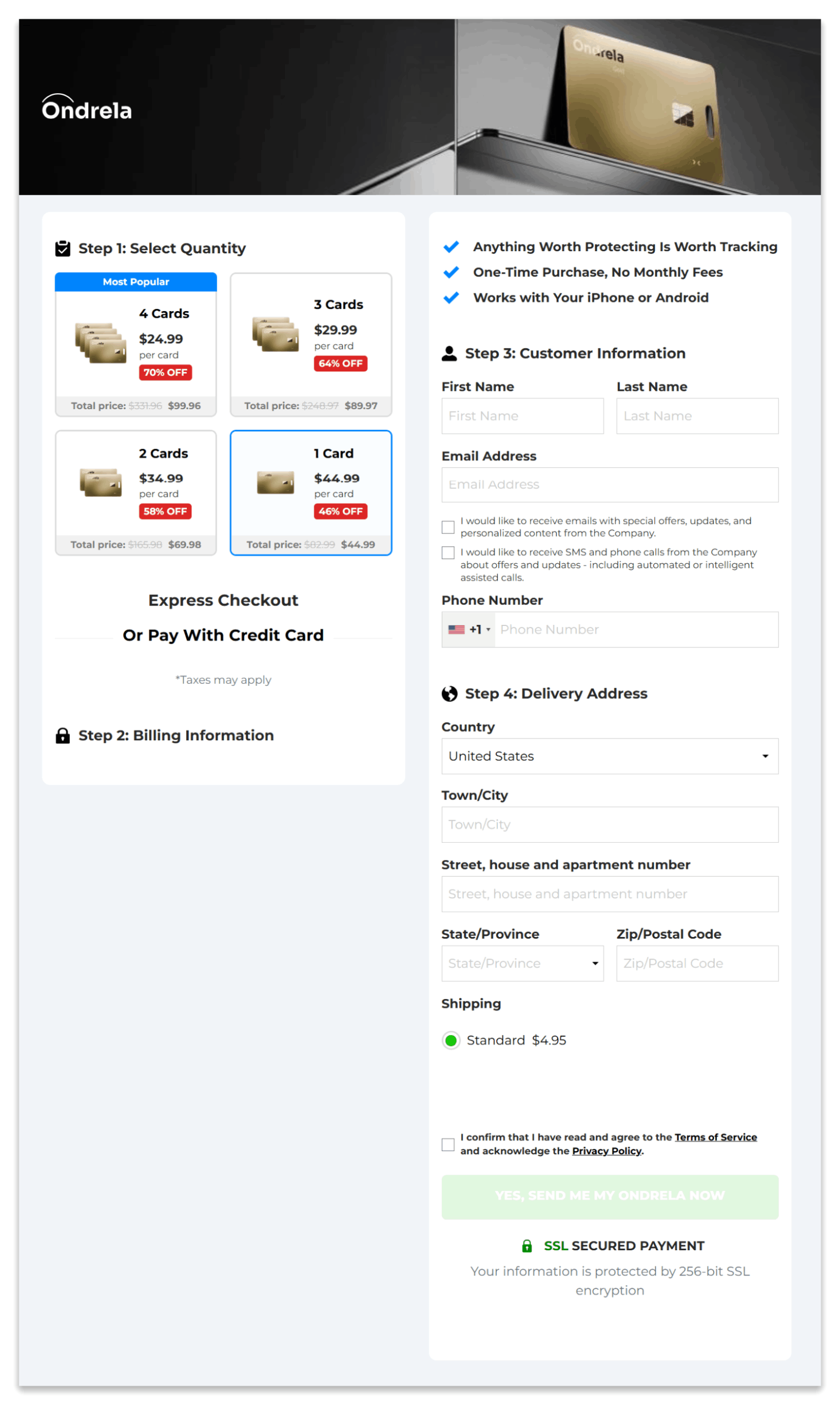 Ondrela Smart Tracker secure checkout page